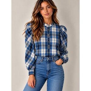 J.Crew Puff Sleeve Pop Over Plaid Blouse in Valley‎ Plaid Flannel, XXS